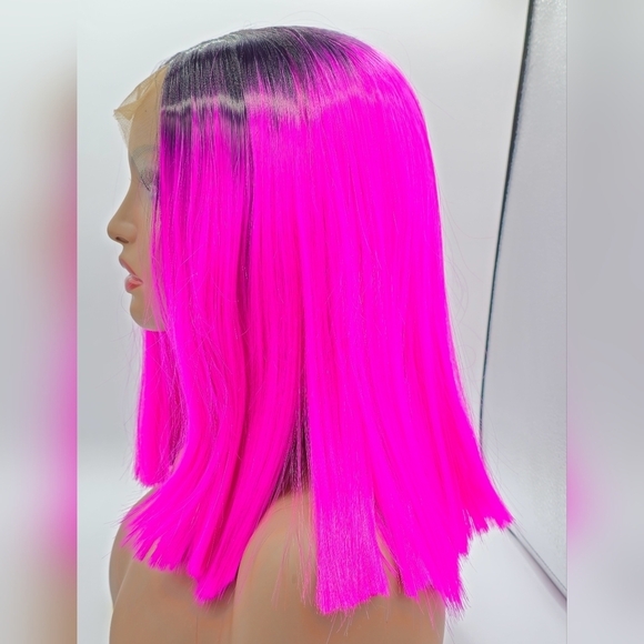 Hot Pink Fuchsia & Dark Root Blunt Straight Lace Front Wig - Picture 6 of 9
